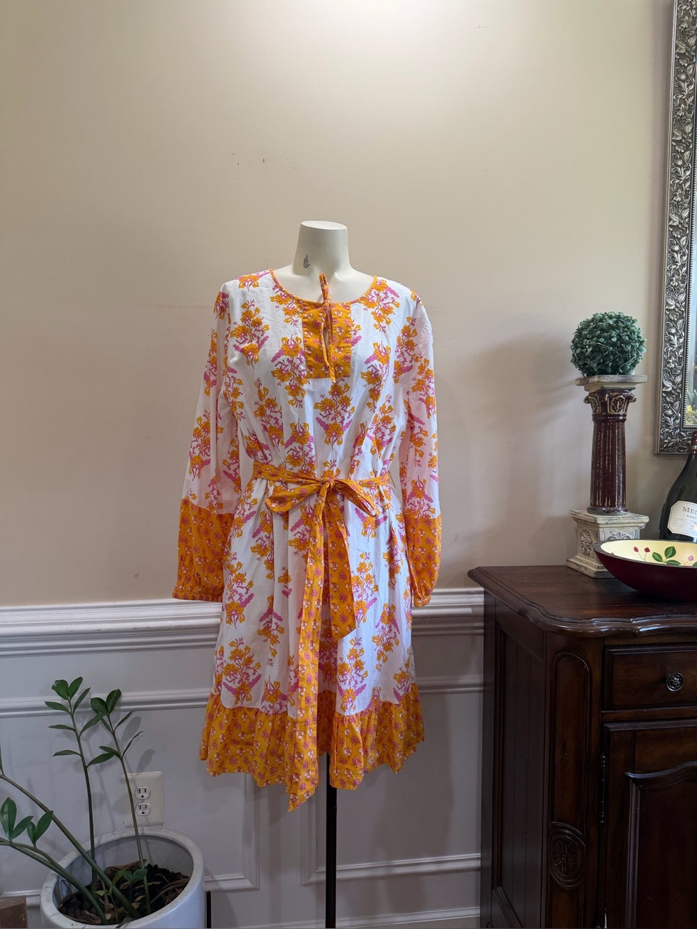 J. Crew White and Yellow Floral Tie-Waist Women’s Dress